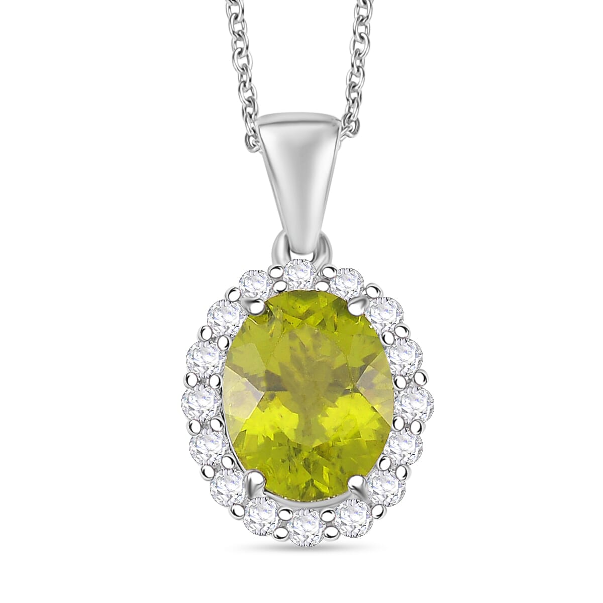 Hebei Peridot and White Zircon 3.50 ctw Halo Pendant Necklace in Rhodium Over Sterling Silver 20 Inches image number 0