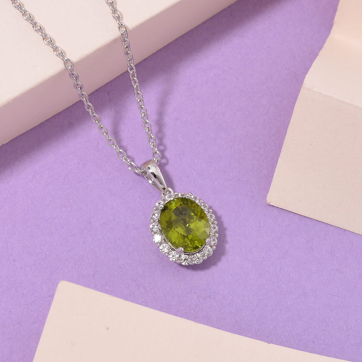 Hebei Peridot and White Zircon 3.50 ctw Halo Pendant Necklace in Rhodium Over Sterling Silver 20 Inches image number 1