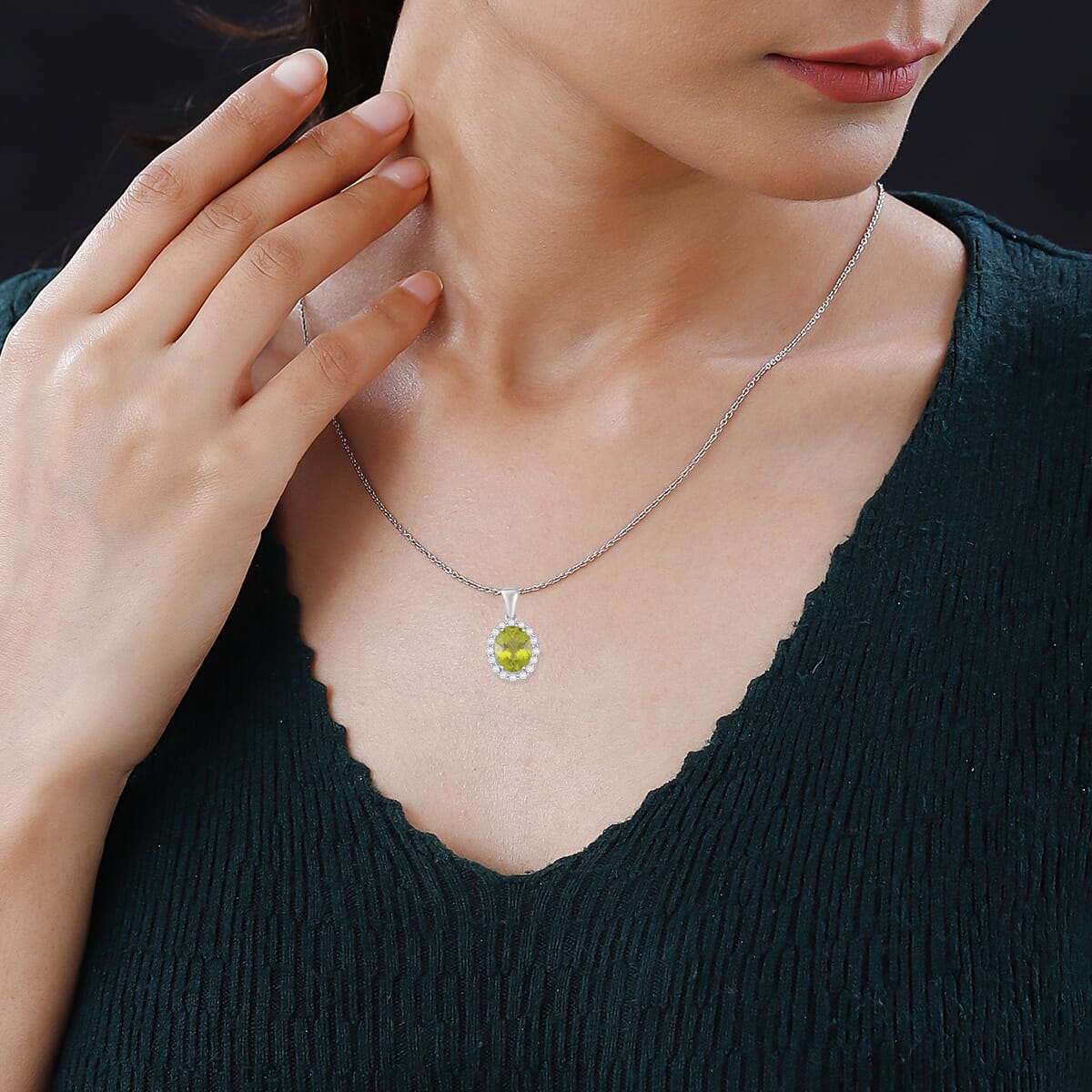 Hebei Peridot and White Zircon 3.50 ctw Halo Pendant Necklace in Rhodium Over Sterling Silver 20 Inches image number 2