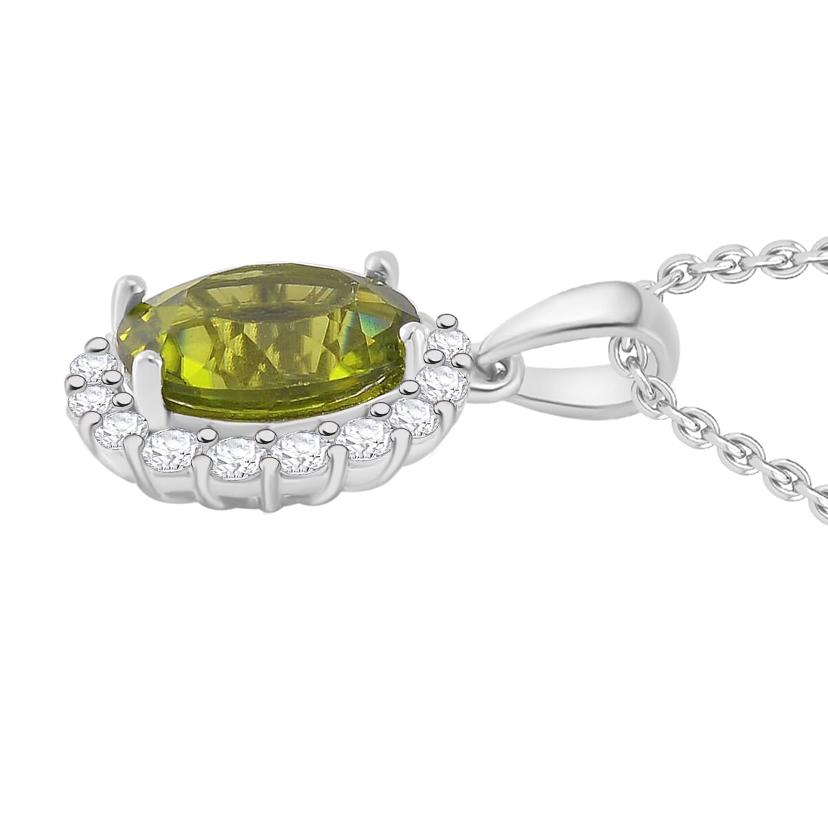 Hebei Peridot and White Zircon 3.50 ctw Halo Pendant Necklace in Rhodium Over Sterling Silver 20 Inches image number 3