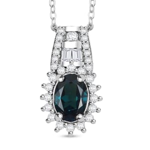 AAA Pirineu Lagoon Tourmaline and White Zircon 1.00 ctw Starburst Pendant Necklace in Rhodium Sterling Silver 20 Inches