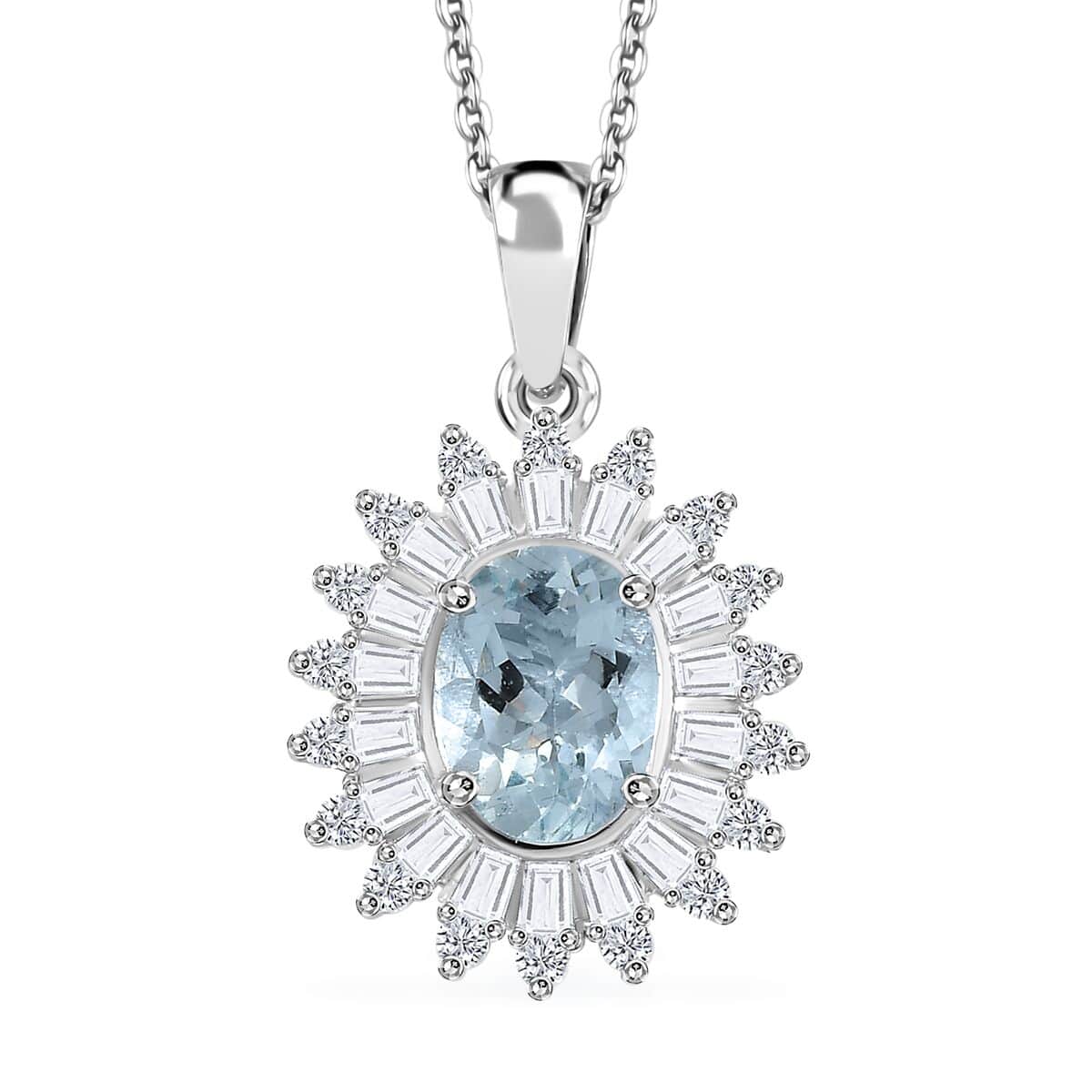 Santa Maria Aquamarine and Moissanite 1.75 ctw Floral Pendant Necklace in Rhodium Over Sterling Silver 20 Inches image number 0