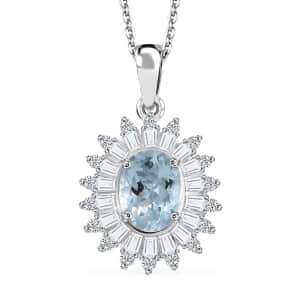 Santa Maria Aquamarine and Moissanite 1.75 ctw Floral Pendant Necklace in Rhodium Over Sterling Silver 20 Inches