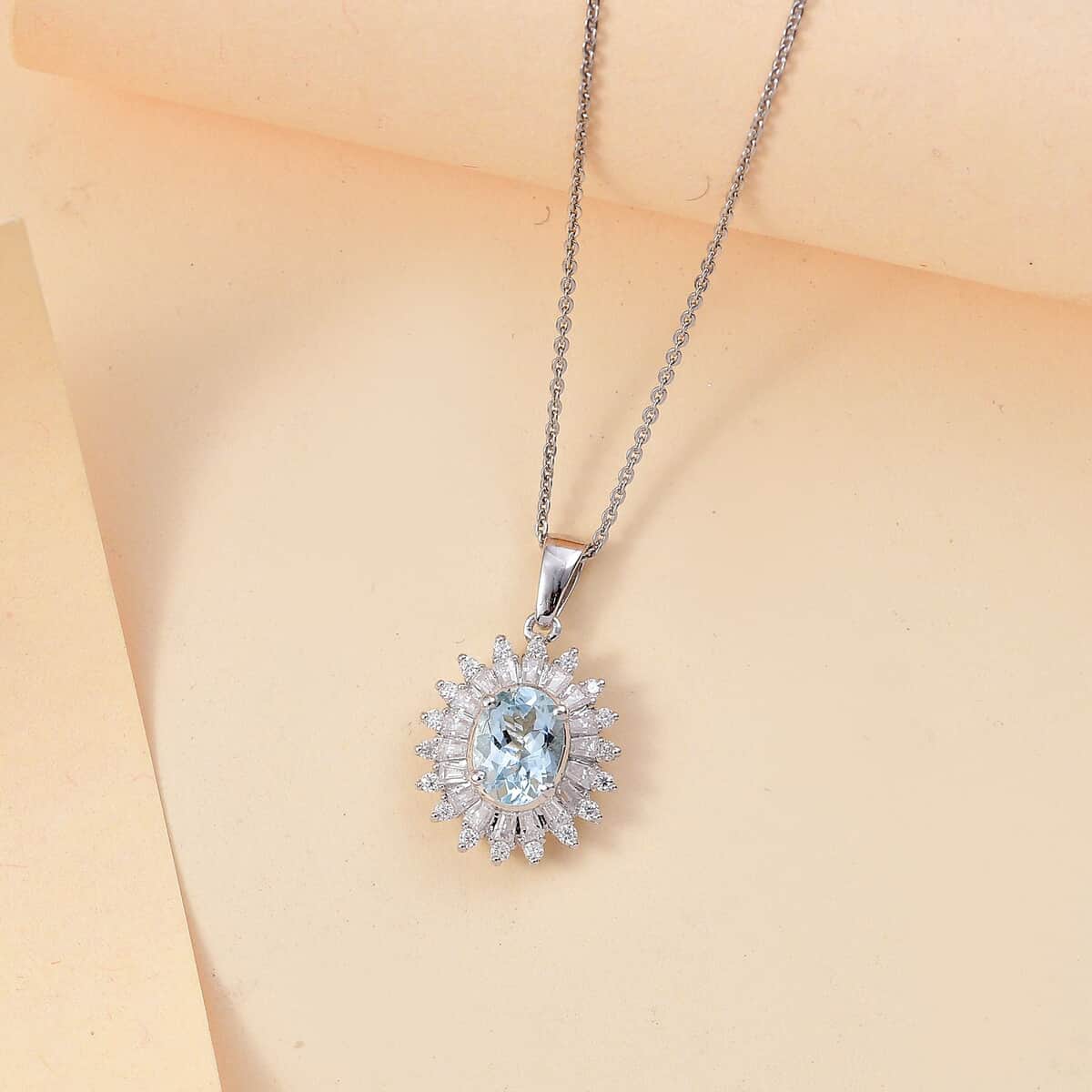 Santa Maria Aquamarine and Moissanite 1.75 ctw Floral Pendant Necklace in Rhodium Over Sterling Silver 20 Inches image number 1