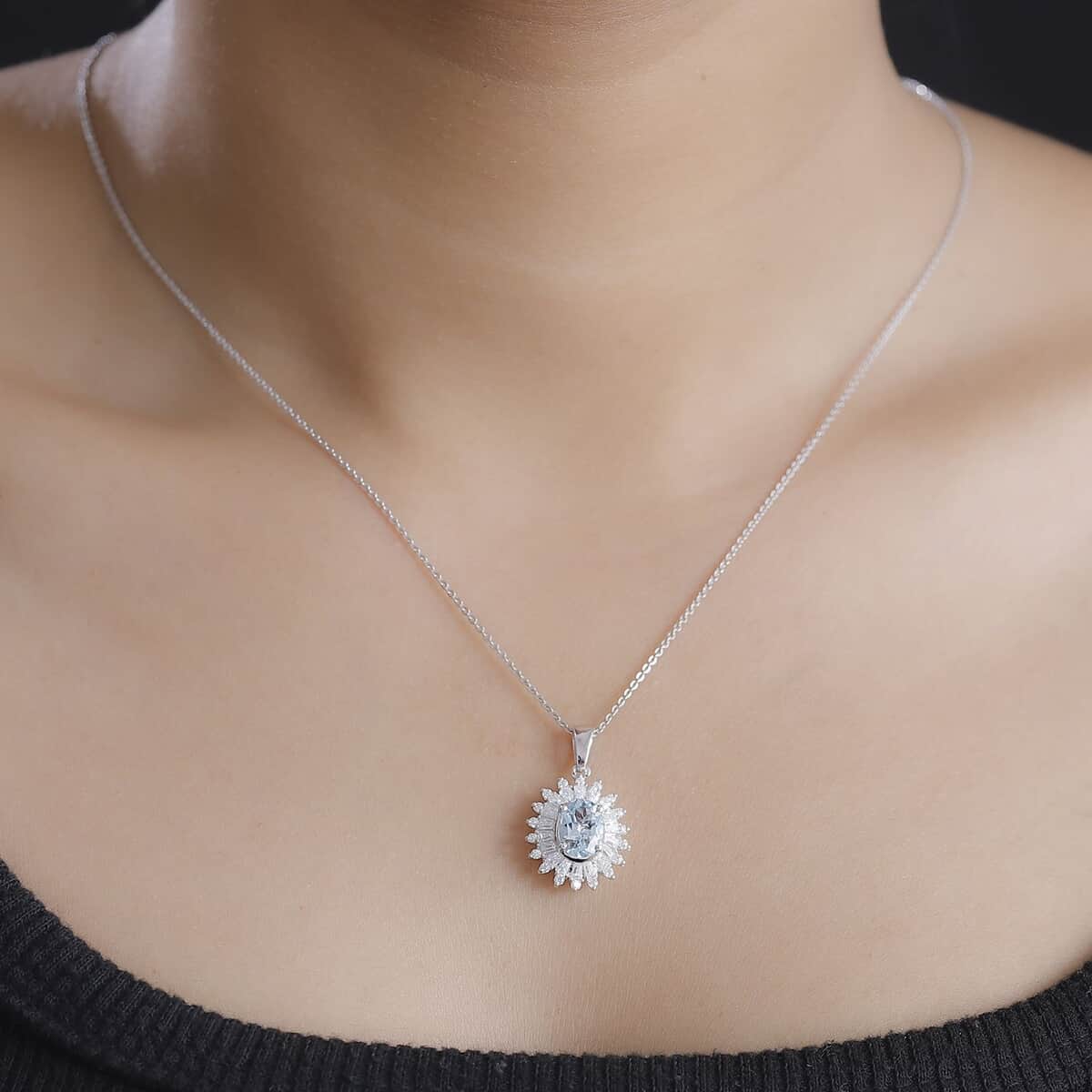 Santa Maria Aquamarine and Moissanite 1.75 ctw Floral Pendant Necklace in Rhodium Over Sterling Silver 20 Inches image number 2