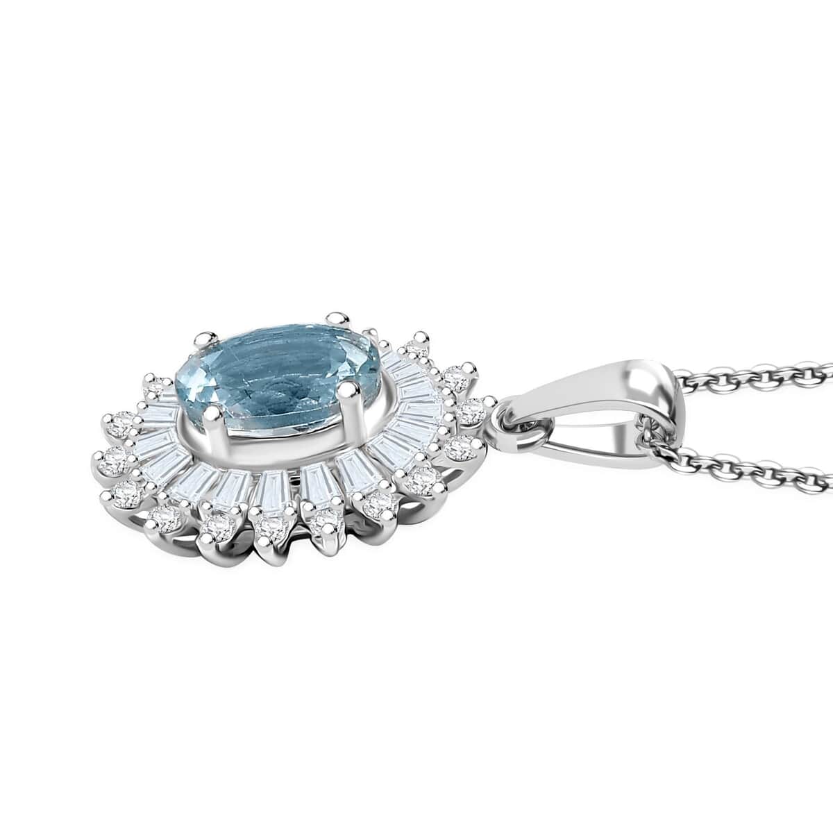 Santa Maria Aquamarine and Moissanite 1.75 ctw Floral Pendant Necklace in Rhodium Over Sterling Silver 20 Inches image number 3