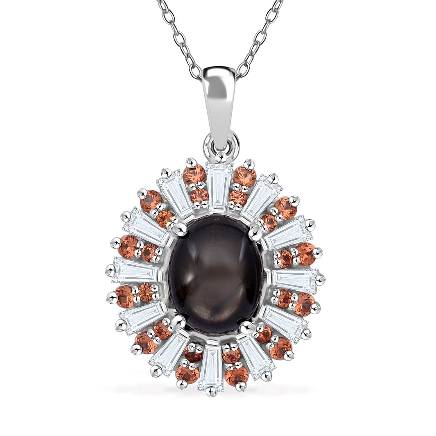 Bankacha Natural Black Star Sapphire and Multi Gemstone Star Ray 6.50 ctw Celestial Eclipse Pendant Necklace in Rhodium Over Ste