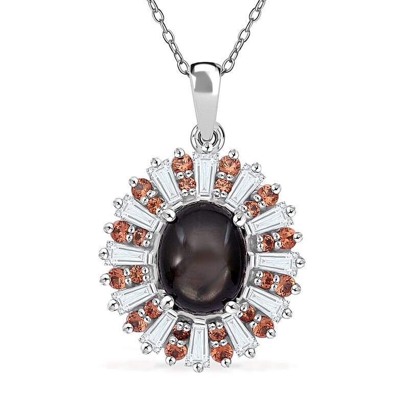 Bankacha Natural Black Star Sapphire and Multi Gemstone Star Ray 6.50 ctw Celestial Eclipse Pendant Necklace in Rhodium Over Sterling Silver 20 Inches