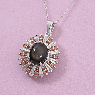 Bankacha Natural Black Star Sapphire and Multi Gemstone Star Ray 6.50 ctw Celestial Eclipse Pendant Necklace in Rhodium Over Sterling Silver 20 Inches