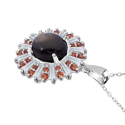 Bankacha Natural Black Star Sapphire and Multi Gemstone Star Ray 6.50 ctw Celestial Eclipse Pendant Necklace in Rhodium Over Sterling Silver 20 Inches