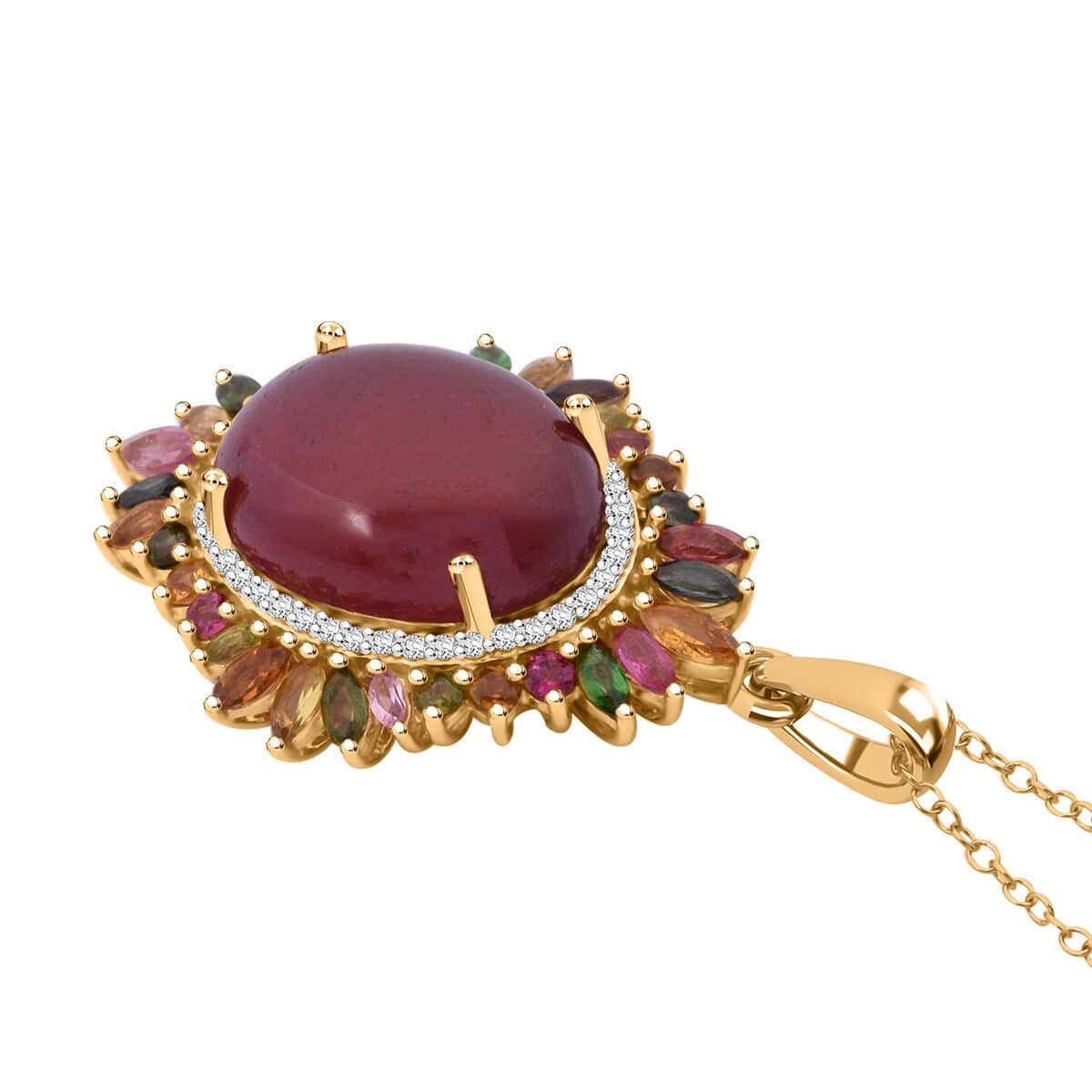 Doorbuster Niassa Ruby (FF) and Multi Gemstone 23.50 ctw Blossom Halo Pendant Necklace in Vermeil Yellow Gold Over Sterling Silver 20 Inches image number 2