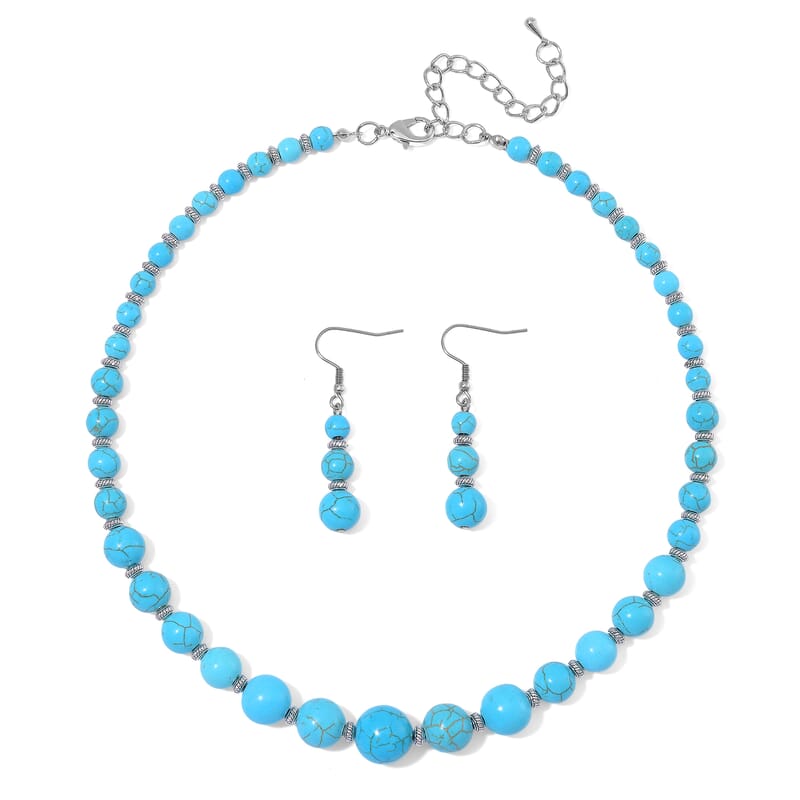 Constituted Blue Howlite 205.00 ctw Beaded Necklace 18-20 Inches and Earrings in Stainless Steel