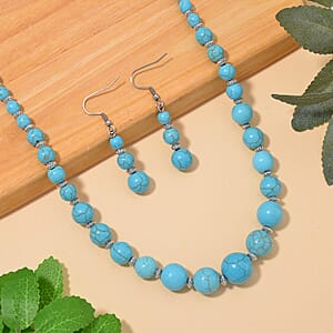 Constituted Blue Howlite 205.00 ctw Beaded Necklace 18-20 Inches and Earrings in Stainless Steel
