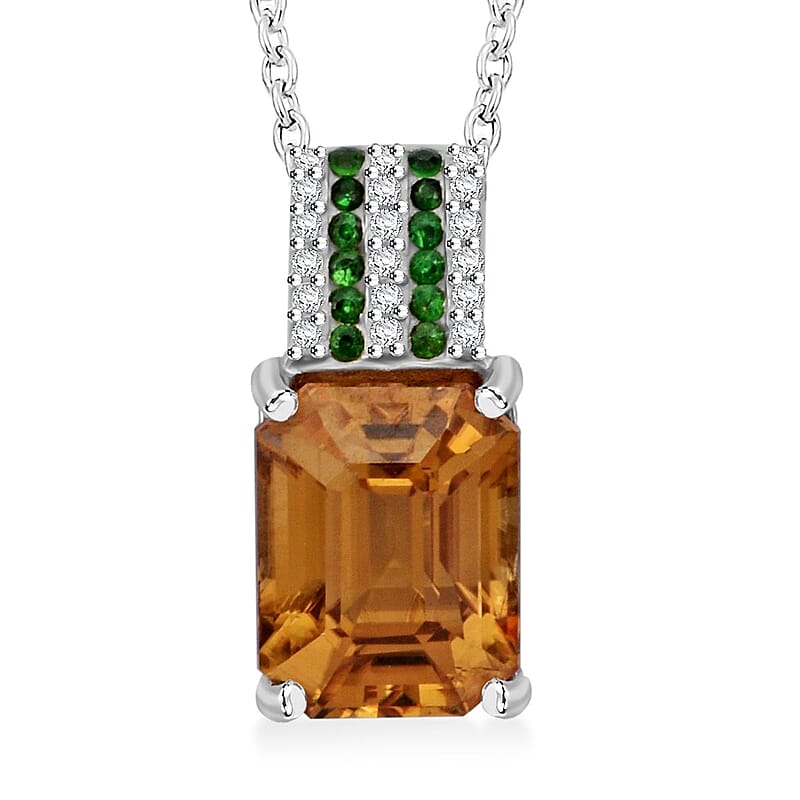 D'Joy Premium Tanzania Yellow Zircon and Multi Gemstone 4.30 ctw Prism Elegance Pendant Necklace 20 Inches in Rhodium Over Sterling Silver