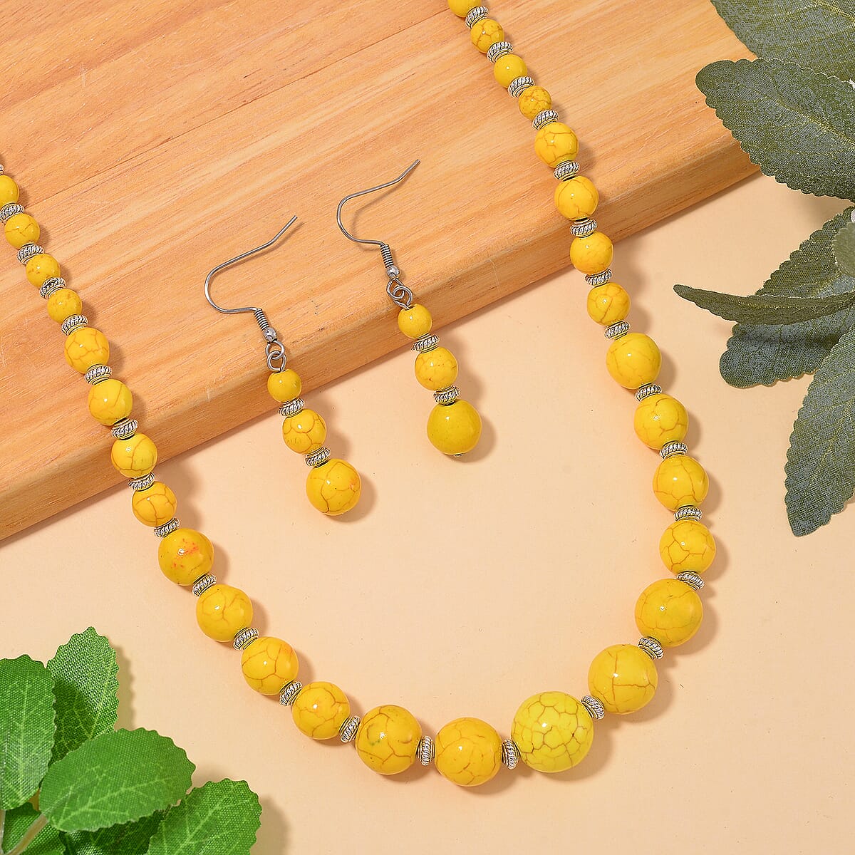 Constituted Yellow Howlite 205.00 ctw Beaded Necklace 18-20 Inches and Earrings in Stainless Steel image number 1