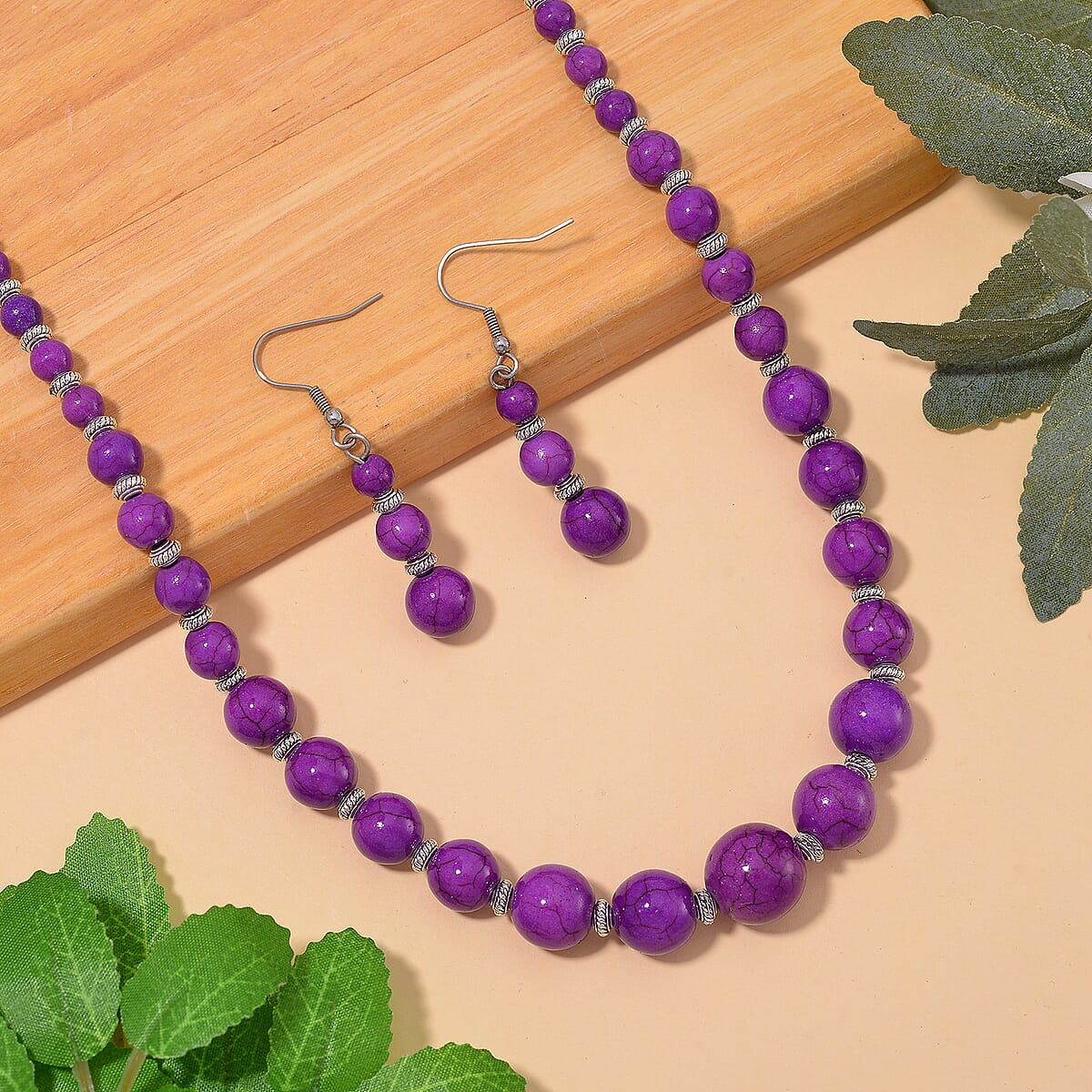 Constituted Purple Howlite 205.00 ctw Beaded Necklace 18-20 Inches and Earrings in Stainless Steel image number 1