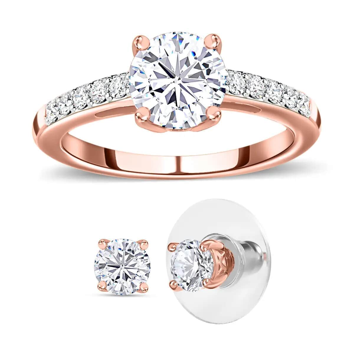 Moissanite 2.00 ctw Stud Earrings and Ring (Size 5.0) in Vermeil Rose Gold Over Sterling Silver image number 0