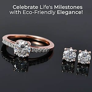 Moissanite 2.00 ctw Stud Earrings and Ring (Size 5.0) in Vermeil Rose Gold Over Sterling Silver