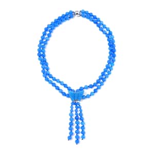 2 Piece Set - Blue Jade (D) 570 ctw Carved Butterfly Pendant and 2 Row Beaded Necklace (18 Inches) in Rhodium Over Sterling Silver