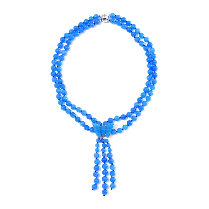 2 Piece Set - Blue Jade (D) 570 ctw Carved Butterfly Pendant and 2 Row Beaded Necklace (18 Inches) in Rhodium Over Sterling Silver