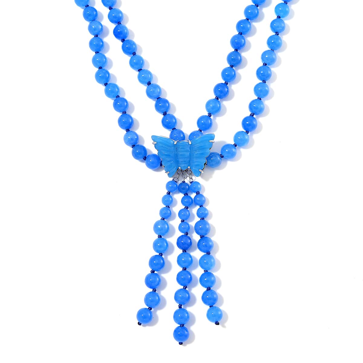 2 Piece Set - Blue Jade (D) 570 ctw Carved Butterfly Pendant and 2 Row Beaded Necklace (18 Inches) in Rhodium Over Sterling Silver image number 2