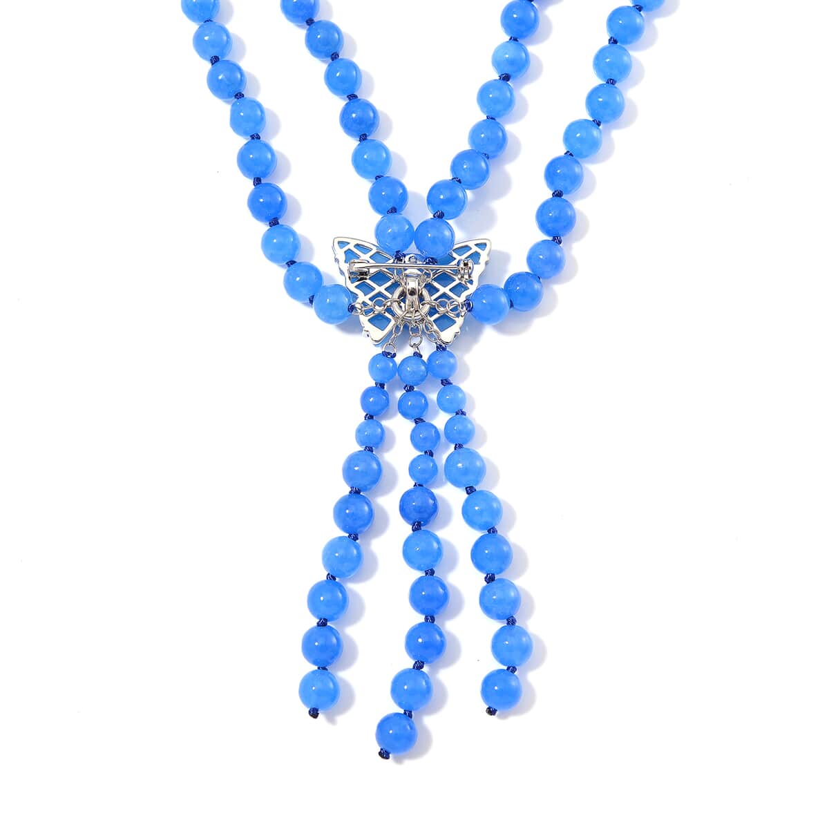 2 Piece Set - Blue Jade (D) 570 ctw Carved Butterfly Pendant and 2 Row Beaded Necklace (18 Inches) in Rhodium Over Sterling Silver image number 3