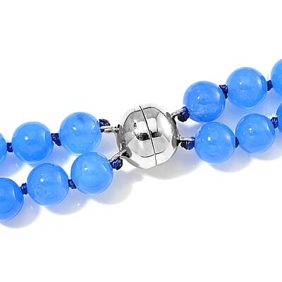 2 Piece Set - Blue Jade (D) 570 ctw Carved Butterfly Pendant and 2 Row Beaded Necklace (18 Inches) in Rhodium Over Sterling Silver