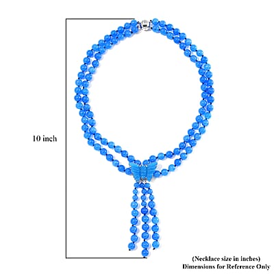 2 Piece Set - Blue Jade (D) 570 ctw Carved Butterfly Pendant and 2 Row Beaded Necklace (18 Inches) in Rhodium Over Sterling Silver