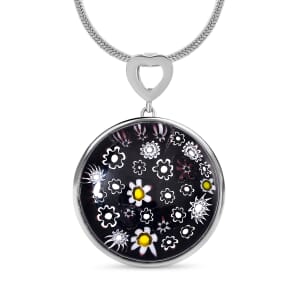 Black Murano Stlye Adjustable Pendant Necklace in Stainless Steel 24-26 Inches