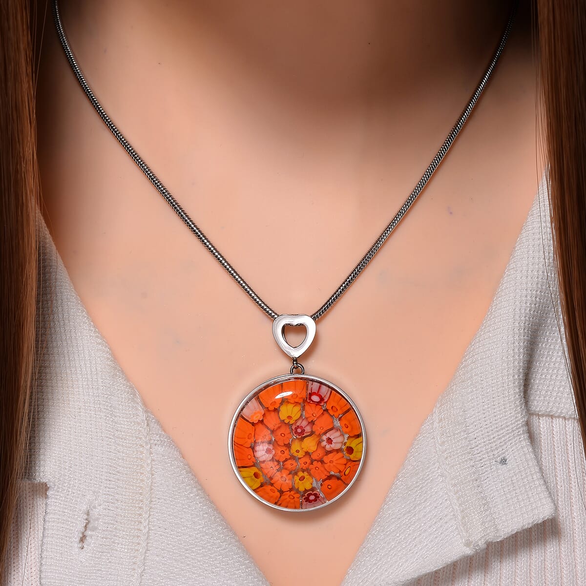 Orange Murano Stlye Adjustable Pendant Necklace in Stainless Steel 24-26 Inches image number 1