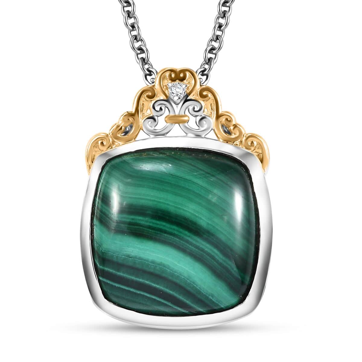 African Malachite and White Zircon 16.35 ctw Verdant Crown Pendant Necklace in 18K Vermeil YG and Rhodium Over Sterling Silver 20 Inches image number 0