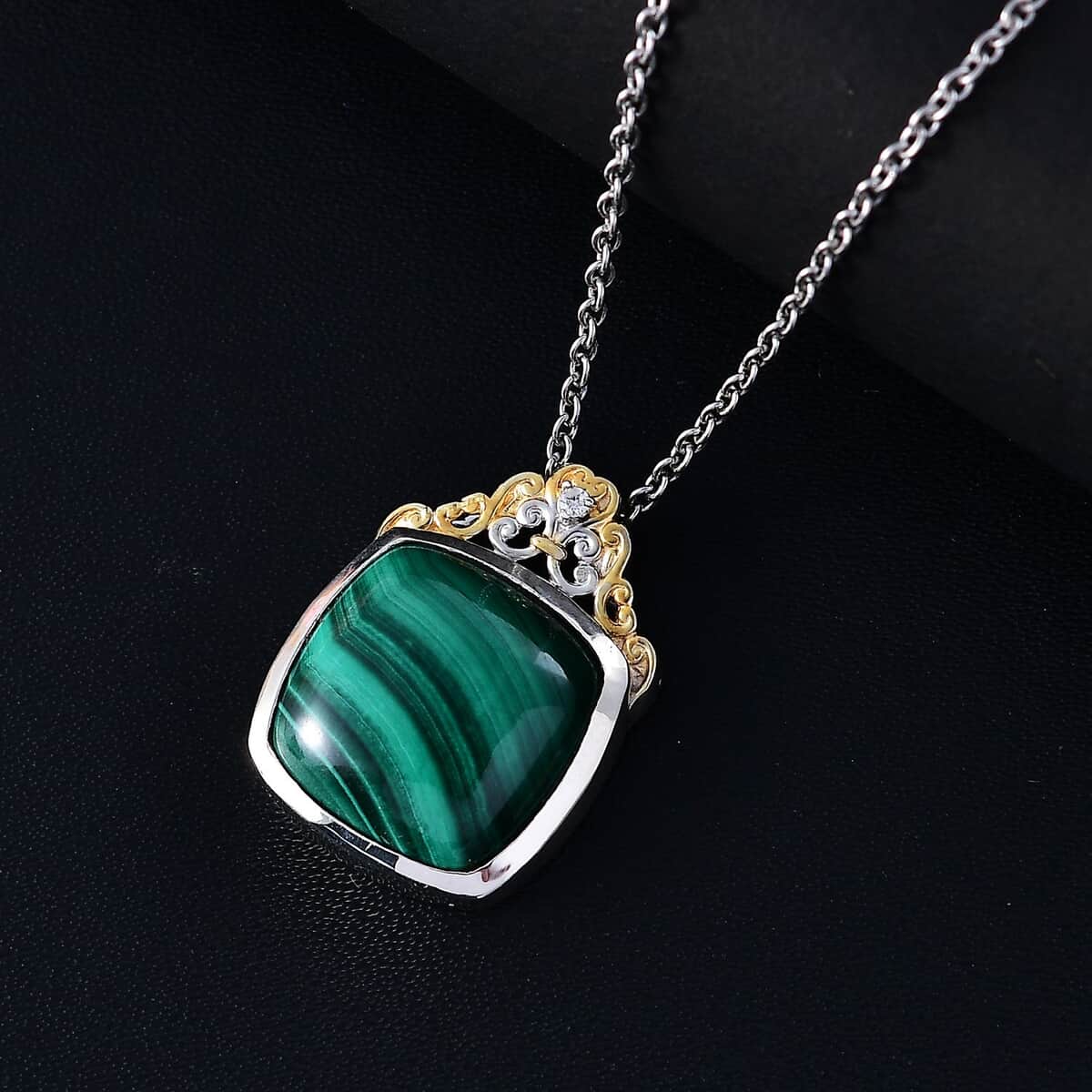 African Malachite and White Zircon 16.35 ctw Verdant Crown Pendant Necklace in 18K Vermeil YG and Rhodium Over Sterling Silver 20 Inches image number 1