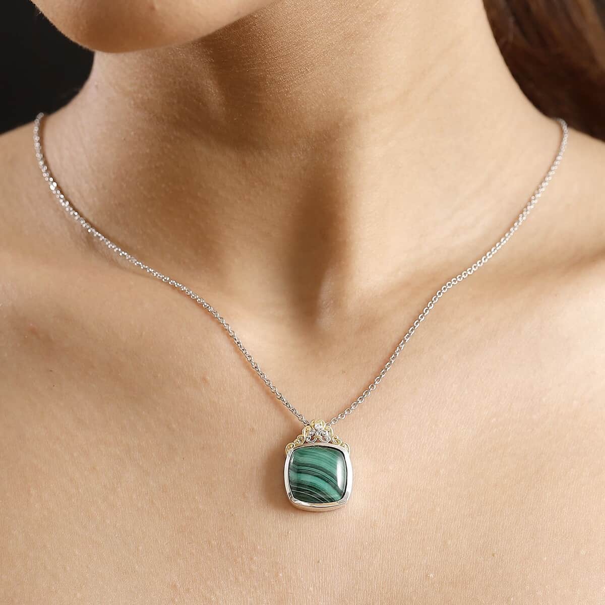 African Malachite and White Zircon 16.35 ctw Verdant Crown Pendant Necklace in 18K Vermeil YG and Rhodium Over Sterling Silver 20 Inches image number 2