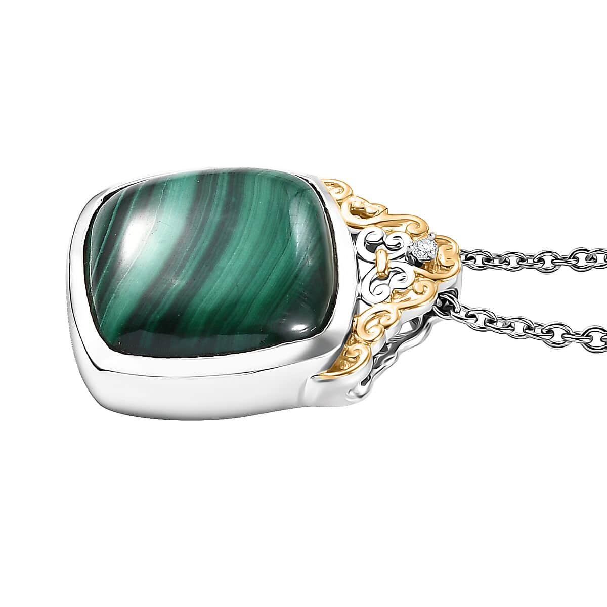 African Malachite and White Zircon 16.35 ctw Verdant Crown Pendant Necklace in 18K Vermeil YG and Rhodium Over Sterling Silver 20 Inches image number 3