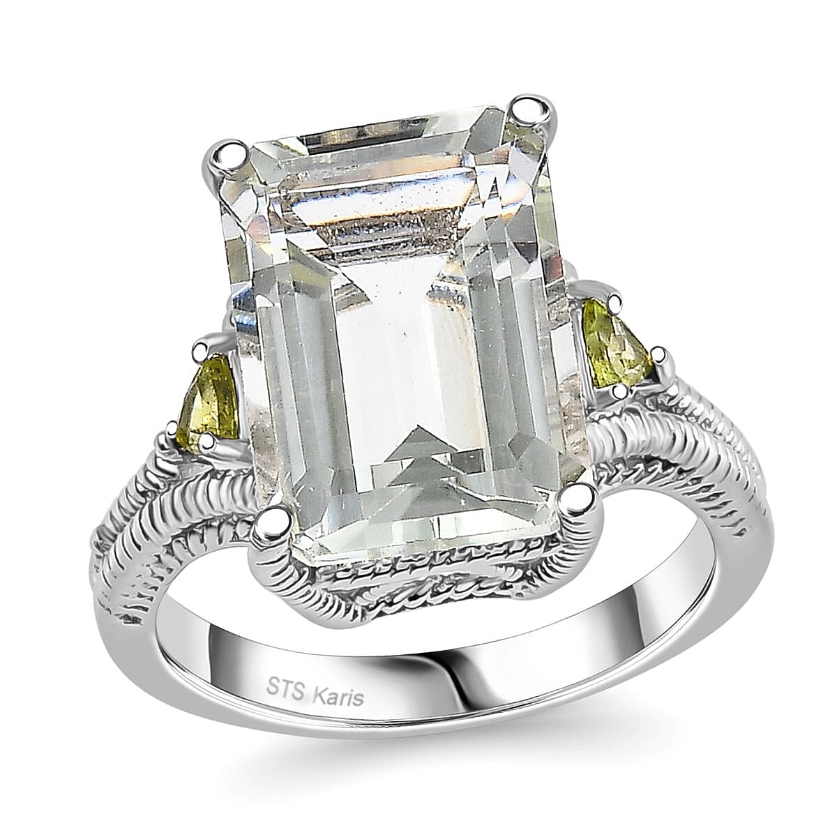 Montezuma Prasiolite and Peridot 20.00 ctw Earrings, Ring (Size 5.0), Pendant in Platinum Bond with Stainless Steel Necklace 20 Inches
