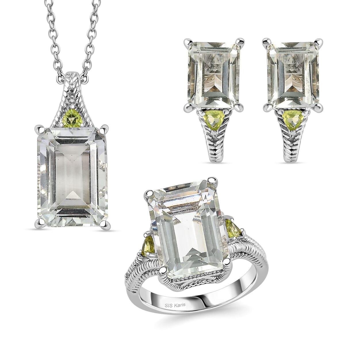 Montezuma Prasiolite and Peridot 20.00 ctw Earrings, Ring (Size 6.0), Pendant in Platinum Bond with Stainless Steel Necklace 20 Inches image number 0