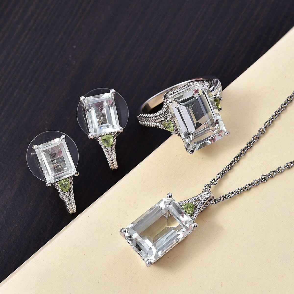 Montezuma Prasiolite and Peridot 20.00 ctw Earrings, Ring (Size 6.0), Pendant in Platinum Bond with Stainless Steel Necklace 20 Inches image number 1