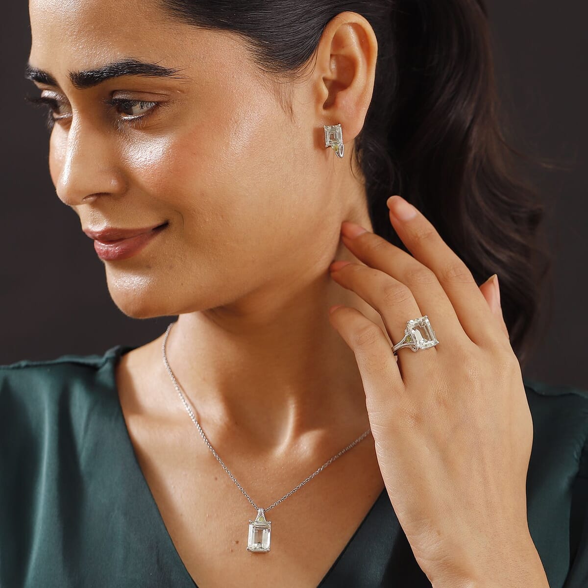 Montezuma Prasiolite and Peridot 20.00 ctw Earrings, Ring (Size 6.0), Pendant in Platinum Bond with Stainless Steel Necklace 20 Inches image number 2