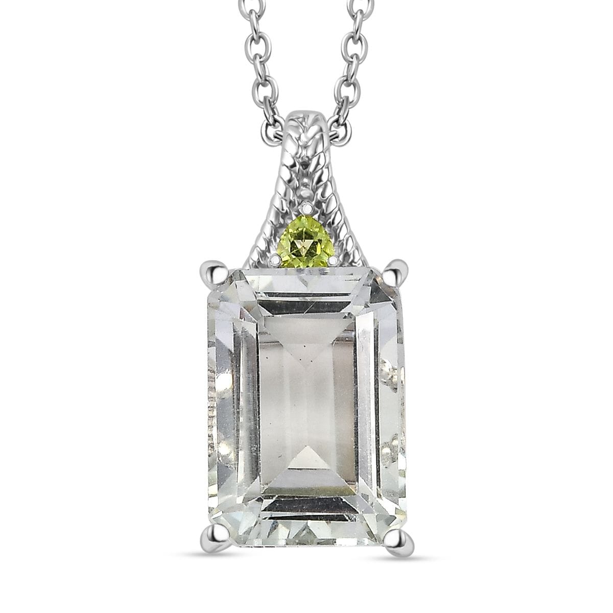 Montezuma Prasiolite and Peridot 20.00 ctw Earrings, Ring (Size 6.0), Pendant in Platinum Bond with Stainless Steel Necklace 20 Inches image number 6