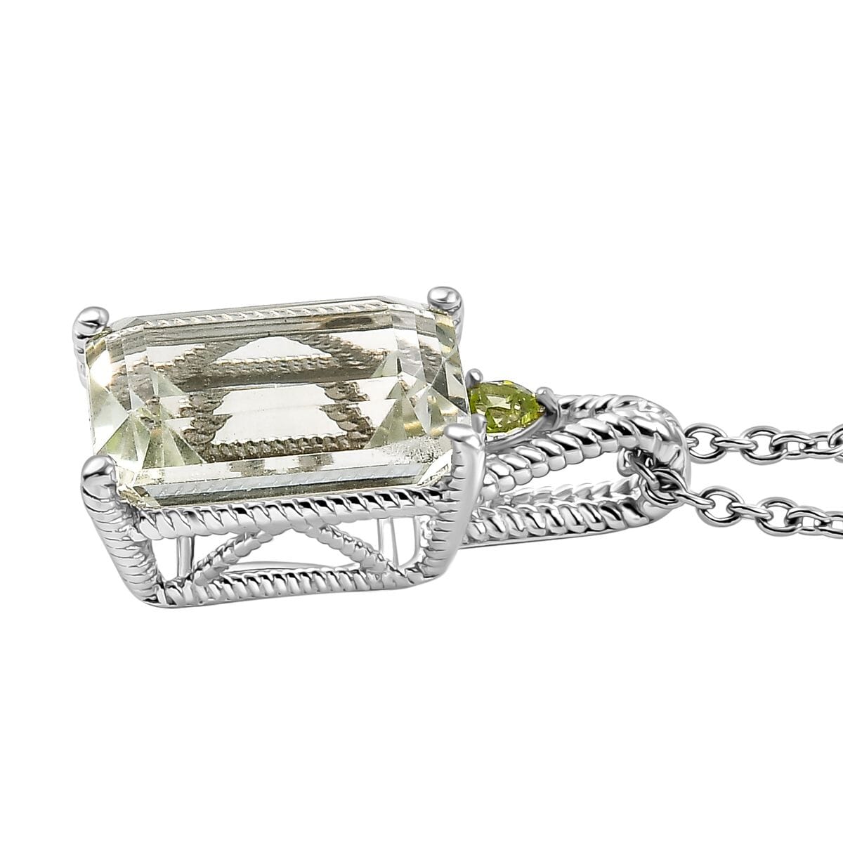 Montezuma Prasiolite and Peridot 20.00 ctw Earrings, Ring (Size 6.0), Pendant in Platinum Bond with Stainless Steel Necklace 20 Inches image number 7