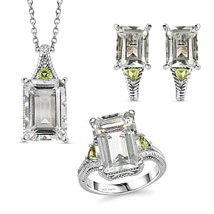 Montezuma Prasiolite and Peridot 20.00 ctw Earrings, Ring (Size 8.0), Pendant in Platinum Bond with Stainless Steel Necklace 20 Inches