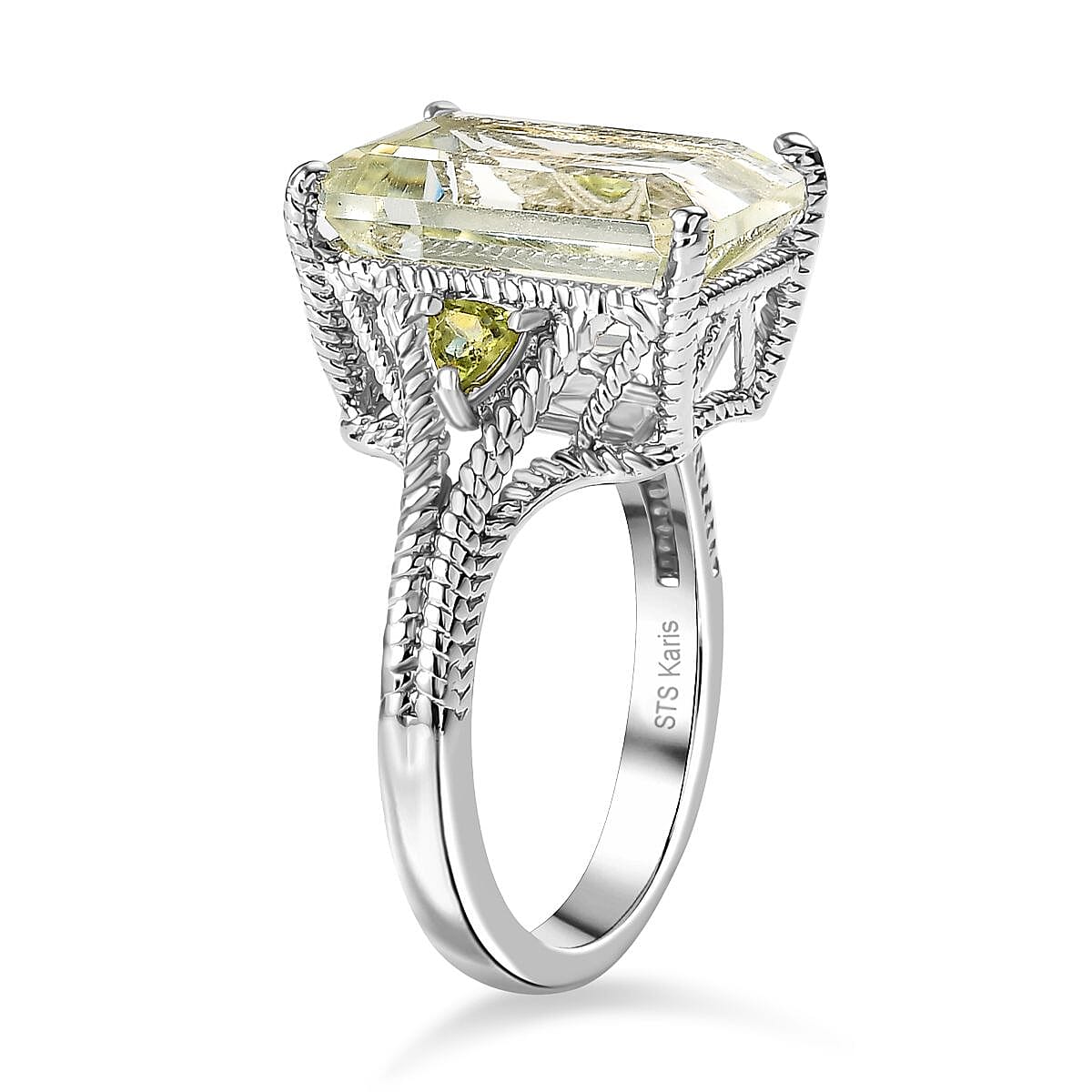 Montezuma Prasiolite and Peridot 20.00 ctw Earrings, Ring (Size 11.0), Pendant in Platinum Bond with Stainless Steel Necklace 20 Inches