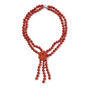 2 Piece Set - Red Jade (D) 570 ctw Carved Butterfly Pendant and 2 Row Beaded Necklace 18 Inches in Rhodium Over Sterling Silver