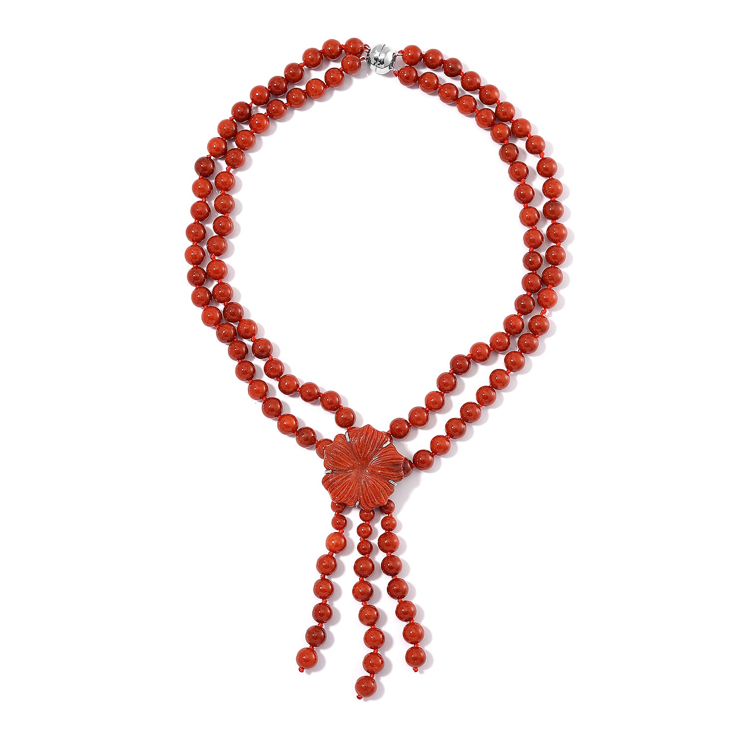 2 Piece Set - Red Jade (D) 570 ctw Carved Butterfly Pendant and 2 Row Beaded Necklace 18 Inches in Rhodium Over Sterling Silver