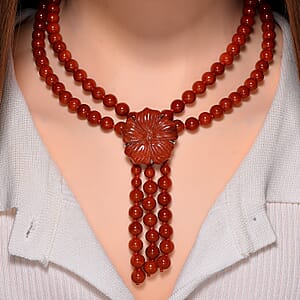 2 Piece Set - Red Jade (D) 570 ctw Carved Butterfly Pendant and 2 Row Beaded Necklace 18 Inches in Rhodium Over Sterling Silver