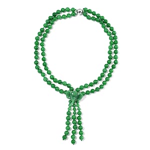 2 Piece Set - Green Jade (D) 570 ctw Carved Butterfly Pendant and 2 Row Beaded Necklace 18 Inches in Rhodium Over Sterling Silver