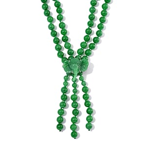 2 Piece Set - Green Jade (D) 570 ctw Carved Butterfly Pendant and 2 Row Beaded Necklace 18 Inches in Rhodium Over Sterling Silver