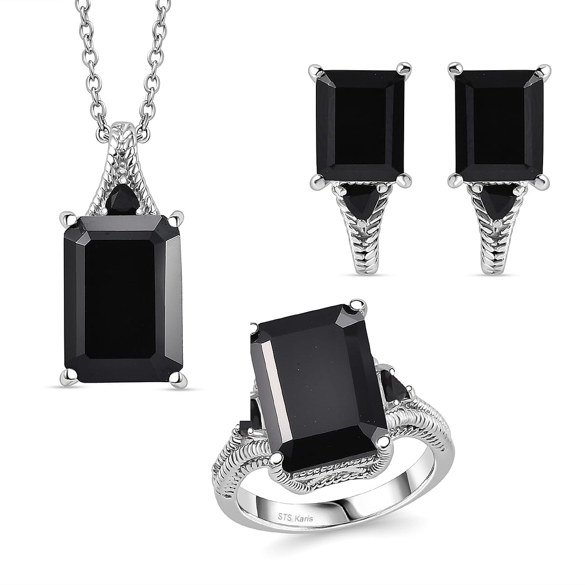Karis Thai Black Spinel 22.10 ctw Earrings, Ring (Size 8.0) and Pendant in Platinum Bond with Stainless Steel Necklace 20 Inches image number 0