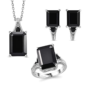 Karis Thai Black Spinel 22.10 ctw Earrings, Ring (Size 8.0) and Pendant in Platinum Bond with Stainless Steel Necklace 20 Inches