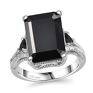 Karis Thai Black Spinel 22.10 ctw Earrings, Ring (Size 8.0) and Pendant in Platinum Bond with Stainless Steel Necklace 20 Inches